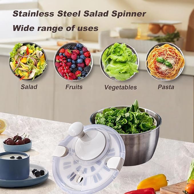 Stainless Steel Salad Spinner, 6L Salad Spinners Large Lettuce Spinner, with Drainage Basket Drainage Outlet Used for Cleaning and Drying Vegetables Food and Fruits Quick Spin Vegetable Fruit Spinner