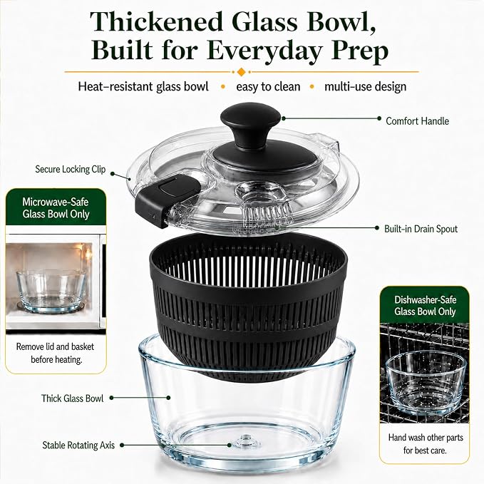 Glass Salad Spinner 3.2 Qt, Small Salad Spinner, Glass Bowl, Black | Removable Lid, Storage Lid, Dishwasher-Safe Glass Bowl, Fruit & Vegetable Washer Dryer, Drain Spout, Crank Handle