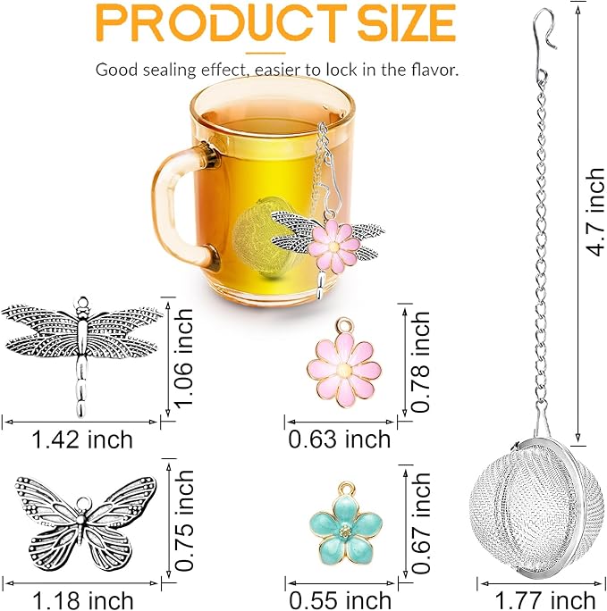 TeaSanavie 2-Pack Tea Infuser for Loose Leaf Tea, 304 Stainless Steel Tea Strainer with Butterfly, Dragonfly & Pink Blue Flower Charms, Extra Fine Mesh Tea Ball Filter, Gift for Tea Lovers