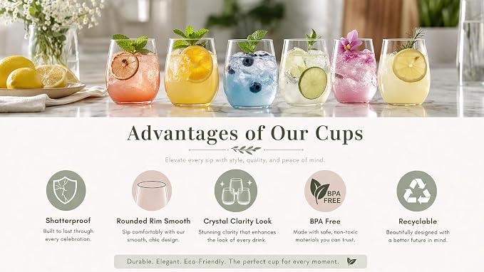 Oojami 36 Pack Pink Disposable Wine Glasses 12oz Plastic Stemless Cups | Unbreakable BPA-Free Shatterproof Reusable Recyclable Cocktail Wine Cups, Party, Wedding, Birthday, Bridal, Bachelorette