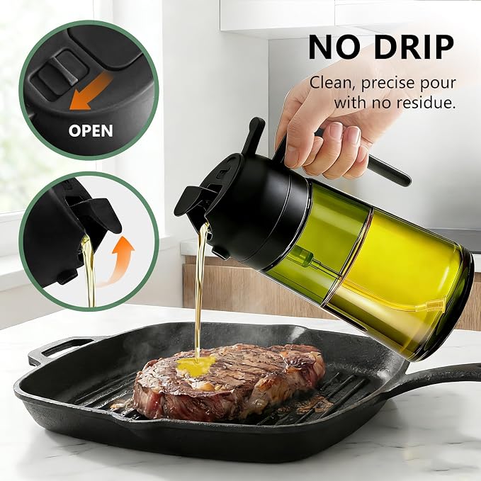 Olive Oil Sprayer & Dispenser Bottle for Cooking, Air Fryer, BBQ, and Salad – 2-in-1 Oil Mister Kitchen Accessory (Black)