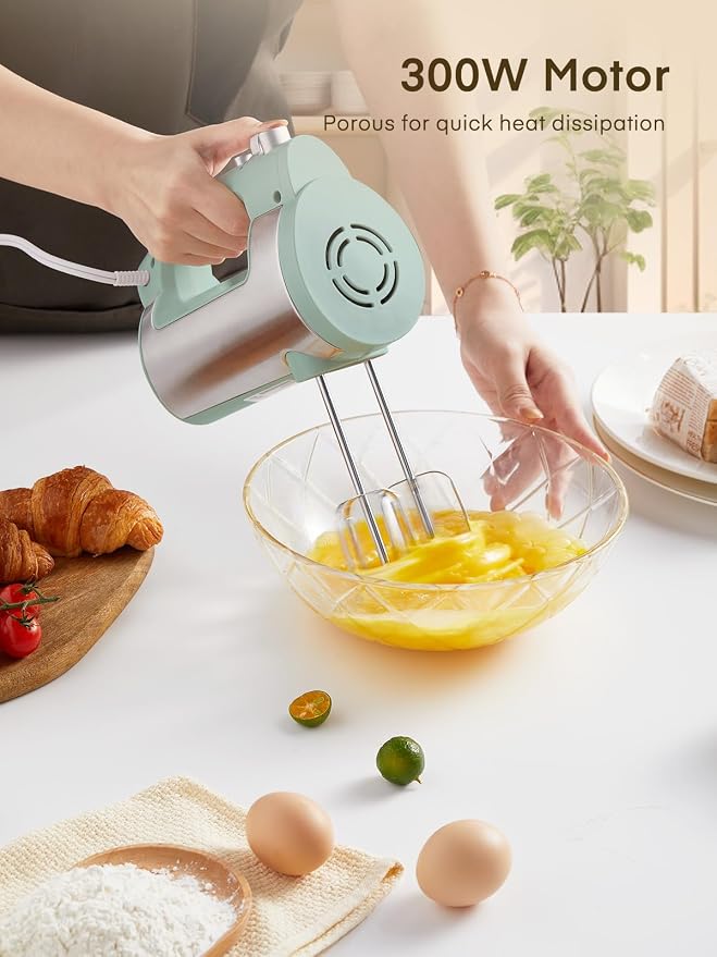 Hand Mixer Electric Handheld, 6 Speed & Turbo Electric Mixer, 300W Handheld Mixer with 2 Stainless Steel Whisk and 2 Dough Hook for Whipping, Mixing Cookies, Brownie, Cakes, Dough Batters, Green
