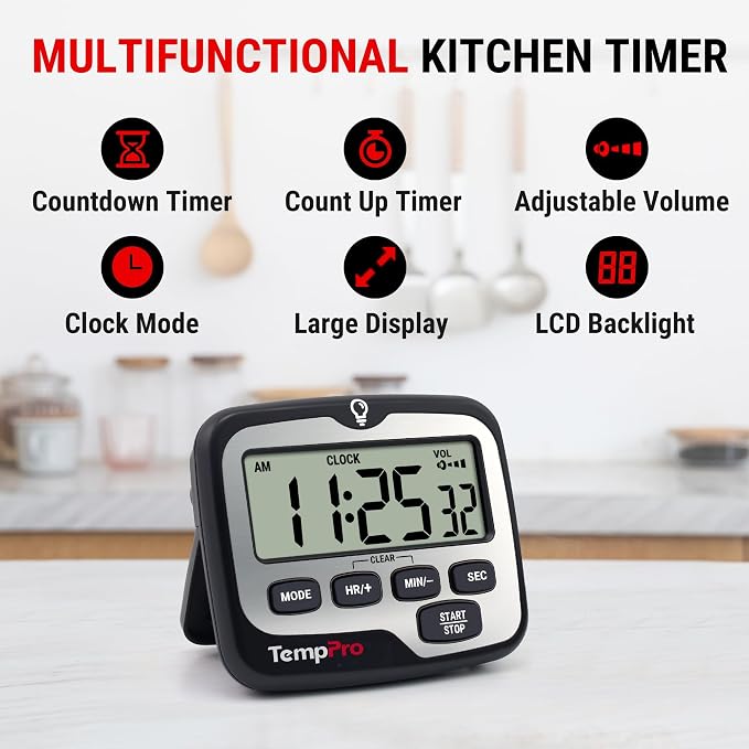TempPro TM01 2-in-1 Kitchen Timers for Cooking with 12/24H Clock Mode | Magnetic Timer with Adjustable Alarm Volume, Digital Timer with Touch Backlight, Kids Timers for Classroom Teacher Supplies