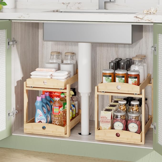2 Pack Bamboo Under Sink Organizer, 2-Tier Sliding Drawers for Cabinets | Pull-out drawers keep cleaners and tall bottles visible, organized and easy to reach in kitchen or bathroom cabinets