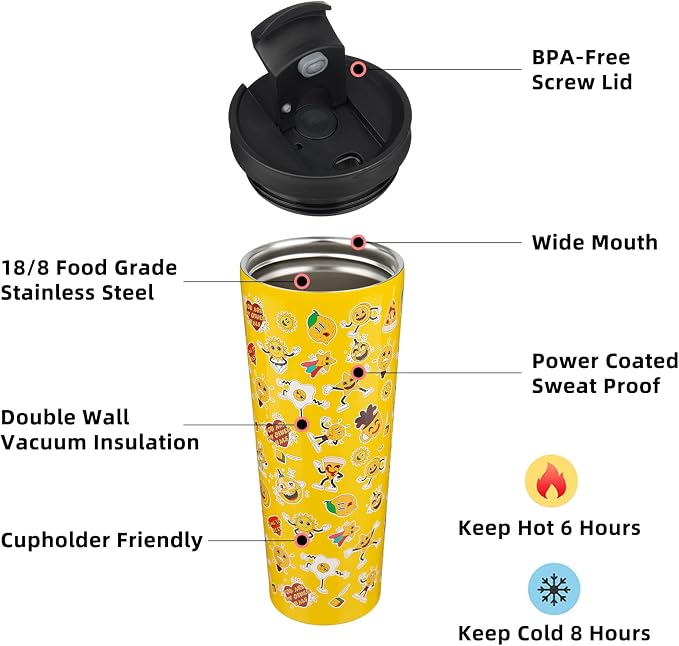 BJPKPK 26 oz Coffee Tumbler with Straw, Insulated Stainless Steel Cup | Double Wall Vacuum, Leak Proof Lid, Keeps Hot/Cold/Iced, BPA Free, Travel & Outdoor, Hawaii Fruits-Yellow