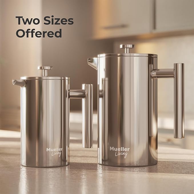 MuellerLiving French Press Coffee Maker 20oz, Stainless Steel French Press Coffee, 4 Filter Heat Resistant Double Insulated, Rust-Free, Food Grade, Dishwasher Safe Coffee Pot | 20oz | Stainless Steel | 4 Filter Heat Resistant Double Insulated | Rust-Fr...