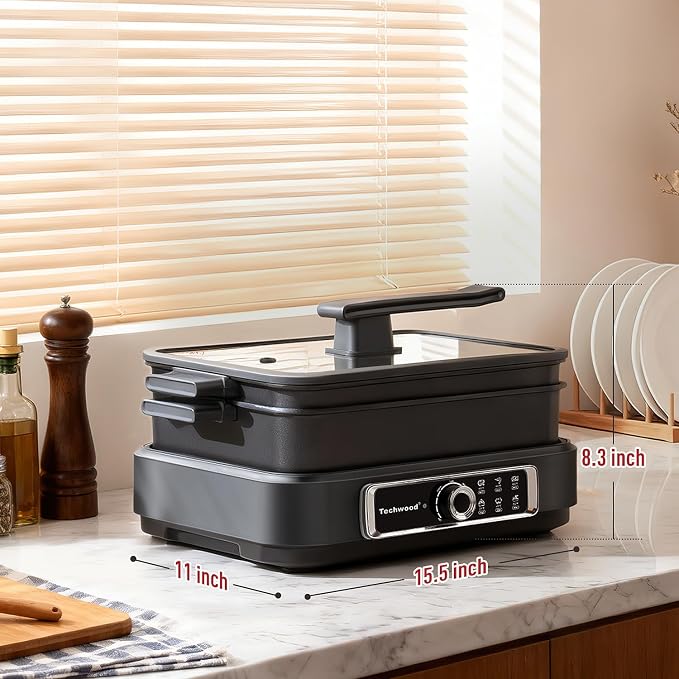 Indoor Grill, Techwood Electric Indoor Grill Griddle 7.5-Quart 1500W Versatile Multi-Cooker with 5-Level Heat Settings, Come with Removable Non-stick Grill Pan& Cooking Pot, Dishwasher Safe
