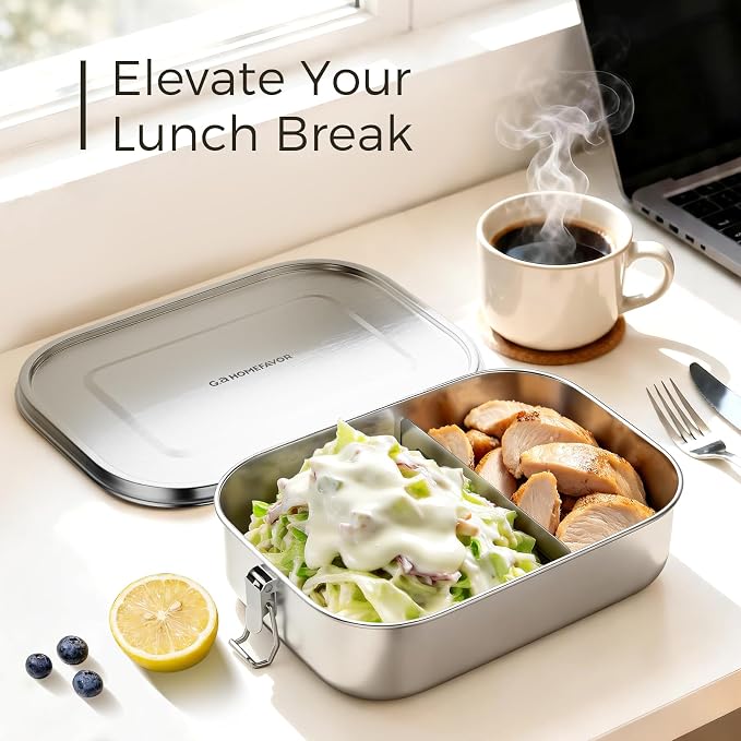 G.a HOMEFAVOR Stainless Steel Bento Lunch Box, 2-Compartment, 1600 ml/54 oz | Leak-Proof, Dishwasher Safe, BPA-Free, with Lock Clips & Removable Divider, Meal Prep, Large Food Container, for Adults