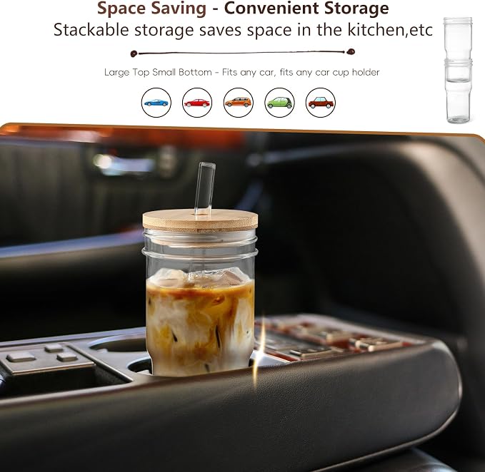 DWTS DANWEITESI Mason Jar with Lid and Straw,24 oz Iced Coffee Cup with Bamboo Lid and Straw,Boba Cups Smoothie Tumbler-Wide Mouth Reusable Glass Cups with Lid and Straws【4 Pack】 710ml