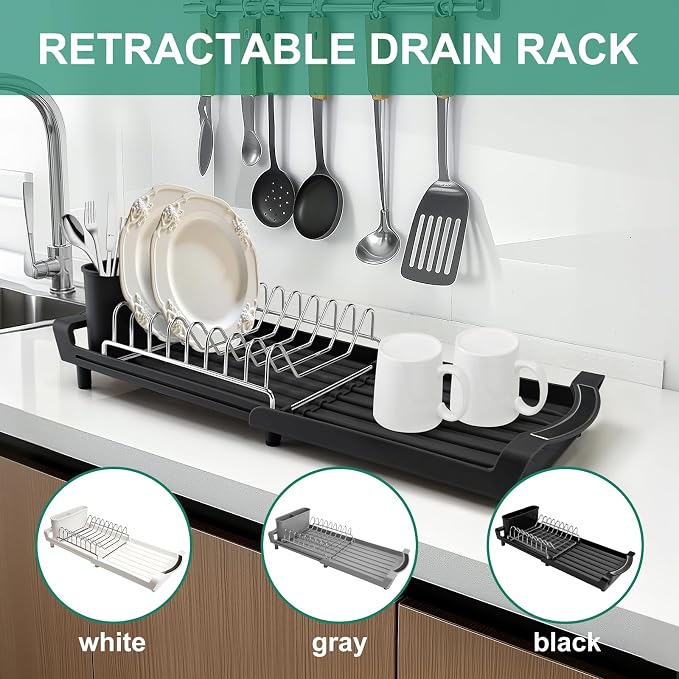 Compact Stainless Steel Dish Drying Rack | Rust-Resistant Drainer for Kitchen and Apartment Countertops/Sink Cabinets, Adjustable 11.42 to 19.9 Inches (Black)