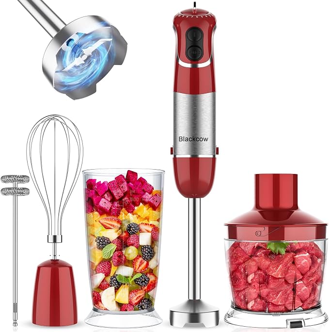 Blackcow Immersion Blender Handheld, Corded Hand Blenders Set 800W, 12 Speed Stick Blender 5 in 1 Stick Emulsifier with Chopper, Whisk and Frother for Soup, Baby Food and Smoothies, Red