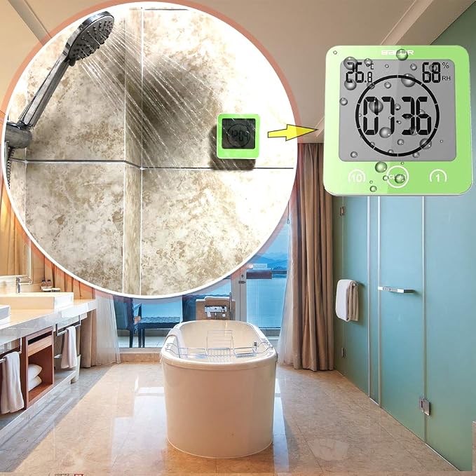 Waterproof Bathroom Wall Clock and Timer, Digital Water Resistant Hanging Timer for Shower, Large Display Kitchen Cooking Countdown Timers, Mirror Suction Clock with Temperature Humidity Meter (Green)