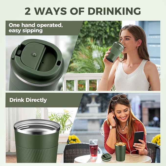 Volhoply 13 oz Stainless Steel Insulated Travel Coffee Mug with Fip Lid Bulk 4 Pack,Reusable Double Wall Vacuum Metal Coffee Cup,Portable Leak Proof Thermal Tumbler for Hot & Cold Drinks(Army Green,4)