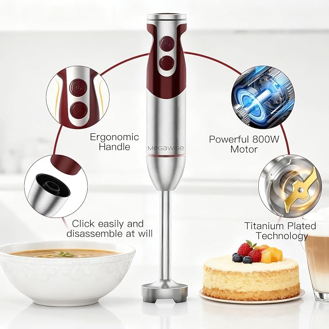 MegaWise Pro Titanium Reinforced 3-in-1 Immersion Corded Hand Blender, Powerful MOTOR with 80% Sharper Blades, 12-Speed Corded Blender, IncludingWhisk and Milk Frother (3-in 1 Red)