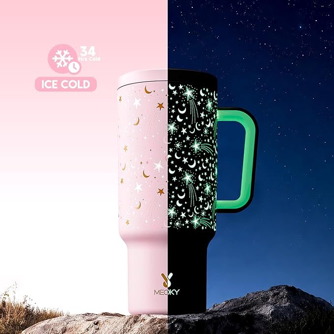 Meoky 40 oz Tumbler with Handle and Straw: Glow in the Dark Tumbler with Lid and Straw - Stainless Steel Insulated Tumbler for Car Cup Holders - Travelers Commuters Workers (1 Pack, Starry Sky)