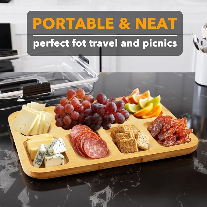 SpaceAid Charcuterie Board with Clear Lid, Portable Travel Cheese Cutting Boards for Picnic Accessories, Bamboo Serving Tray with Lids, House Warming Gifts, Black Handles, 8 Compartments