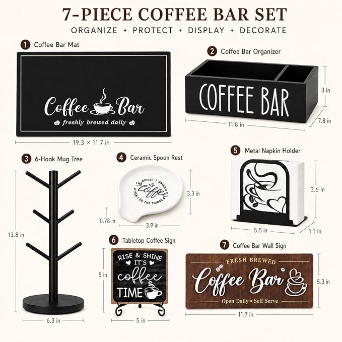 7-Piece Coffee Bar Accessories Set, Farmhouse Coffee Bar Organizer Kit | Coffee Bar Essentials Bottle Organizer for Countertop, Coffee Station Organizer with K-Cup Holder Mat Spoon Rest and 2 Signs