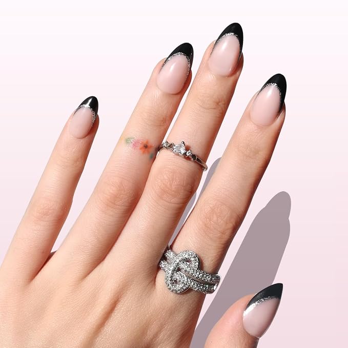 Nail Reformation Press On Nails, Silver Lining | Short Almond Fake Nails | 16 Sizes 32 Pcs Black Glitter French Tip on Nude Base in Glossy Finish Reusable Stick On Nail, False Nail Kit for Women Gifts
