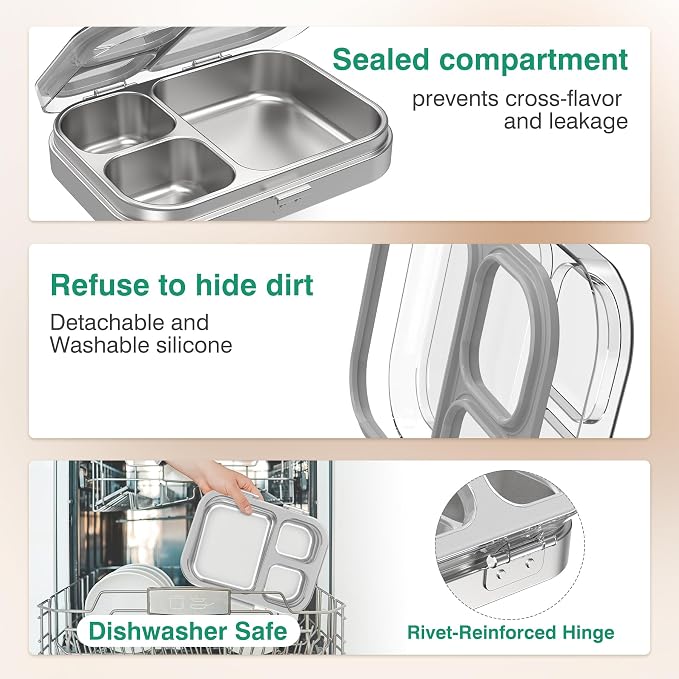 HOMEKOL Stainless Steel Bento Lunch Box, Grey, 3.3Cups | 3-Compartment,Leak-Proof, for Kids & Adults, BPA-Free, Dishwasher Safe, Clear Tritan Lid, 800ml (Not Insulated)