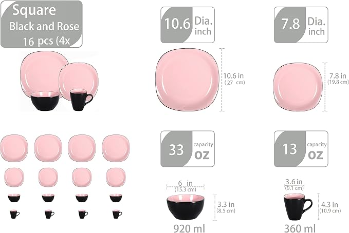 HomeVss, Stoneware Square 16pc Dinnerware Set, Inside Shiny Rose + Outside Matte Black