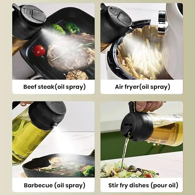 2-in-1 Cooking Oil Bottle, Glass Olive Oil Sprayer & Dispenser, Food-Safe Refillable Spritzer, Dual Function Pour and Spray Design, Leak Resistant for BBQ, Salad, Air Frying & Baking