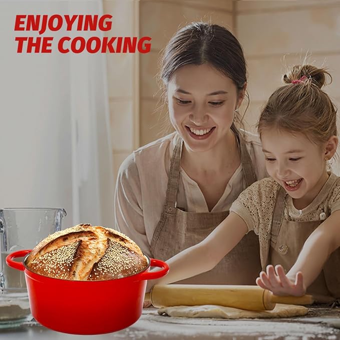 5QT Enameled Cast Iron Dutch Oven for Bread Baking with Lid, Sourdough Baking Supplies with Proofing Basket, Bread Making Tools Set, Heavy-Duty Cookware for Braising, Stews, Roasting(Red)