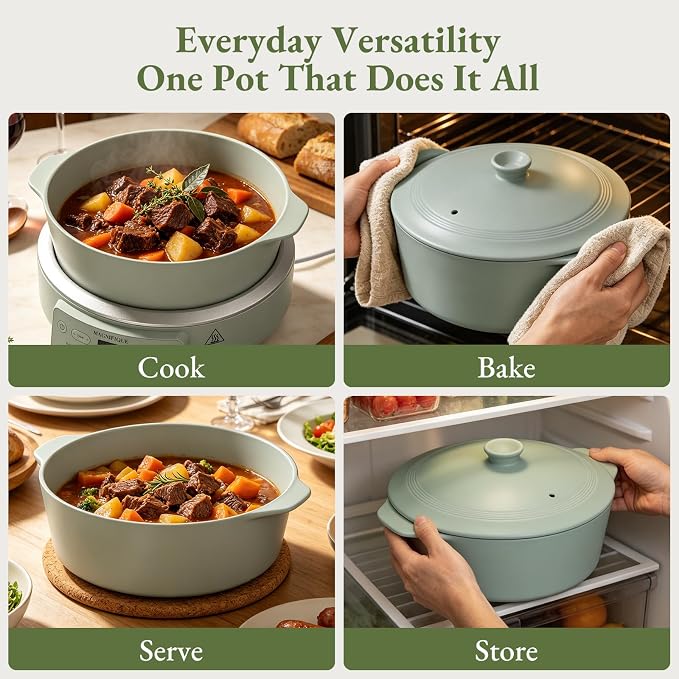 MAGNIFIQUE Slow Cooker, 4.5 Quart 8-in-1 Clay Pot Multi-Cooker, Non-Toxic Slow Cooker with Removable Clay Pot, for Rice, Pasta, Steam & Proof, Nonstick, Oven Safe Pot to 500°F, Olive
