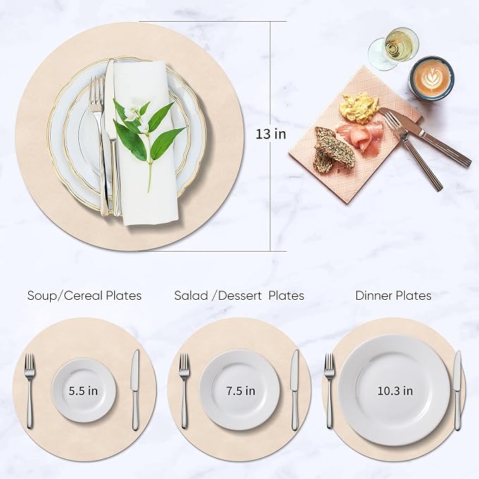 ADRIMER Placemats, Heat Resistant Round Placemats Set of 6 Washable, Waterproof Table Mats, Wipeable Faux Leather Place Mats for Kitchen, Dining Room, Beige