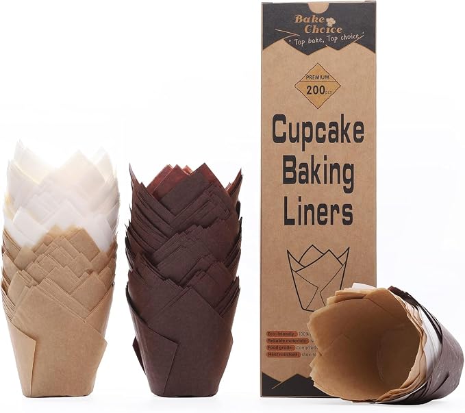 Bake Choice 200pcs Tulip Cupcake Liners, Standard Size, Mix Color | Tulip Muffin Liners, EU Parchment Paper, Brown, White, Unbleached Natural Color, for Party, Christmas