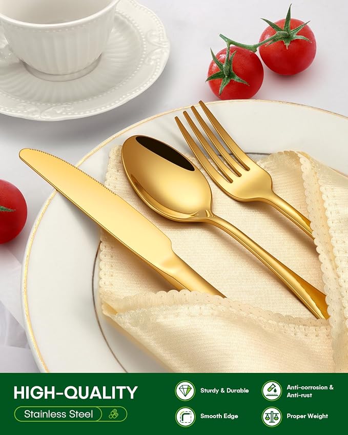 PHILIPALA 45 Piece Gold Silverware Set with Serving Utensils, Stainless Steel Flatware Set for 8 Food Grade Novelty Cutlery Utensil Set Include Knife Fork Spoon Mirror Polished Dishwasher Safe