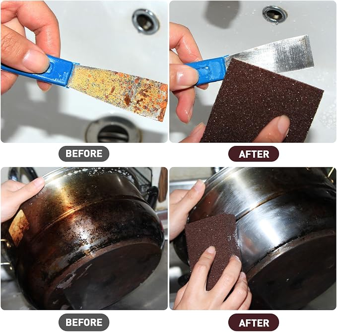 6 Pack Magic Carborundum Sponge with 1 Handle Rust Scrubber for Cookware | High Density Emery Pads Remove Burnt Grease Grime on Pots Pans Sinks Grills Stovetops Kitchen Bathroom Surfaces, Metal Tools