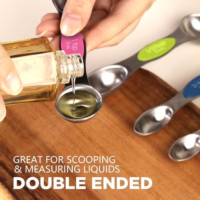 ChefAide Pack of 8 Stainless Steel Magnetic Measuring Spoons Set, Dual Sided, Stackable, Adjustable Teaspoon and Tablespoon Measure Spoon with Leveler, Kitchen Gadgets