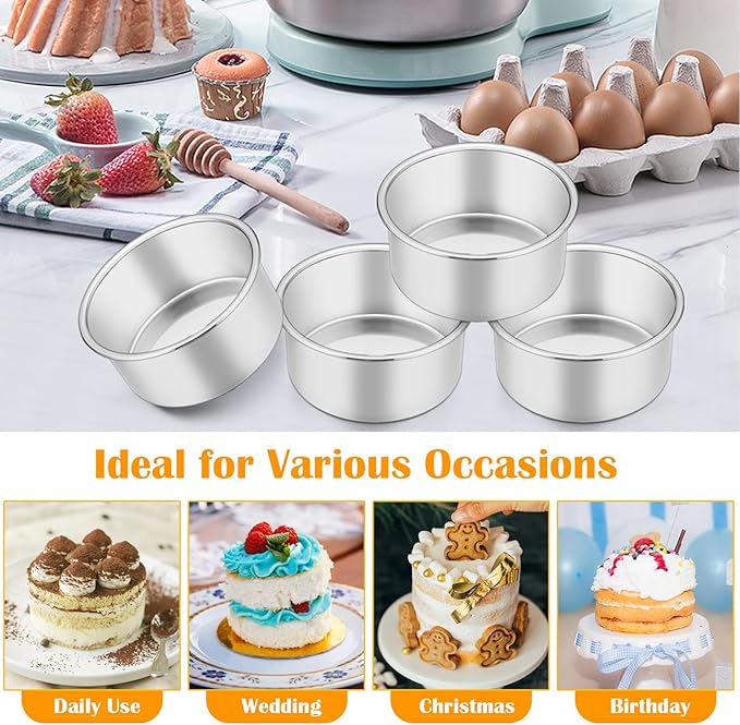 P&P CHEF 4 Inch Cake Pan Set of 4, Stainless Steel Round Cake Pans Tins | Baking Round Cake Bakeware for Birthday Wedding, Leak-proof & Mirror Finish & Easy Releasing, Dishwasher Safe