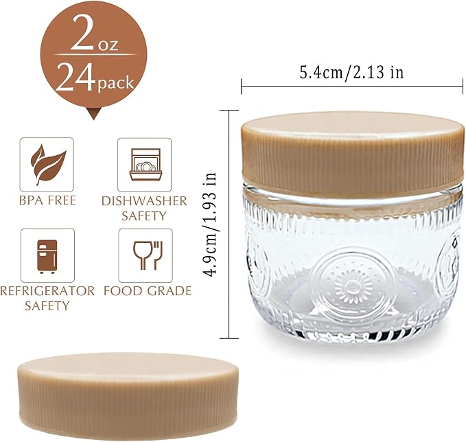Amzcku 2 oz Vintage Mason Jars with Colored Lids, Regular Mouth Canning Jar, Safe For Storage, Canning, Pickling, Preserving, Fermenting, DIY Crafts & Decor 24 Pack