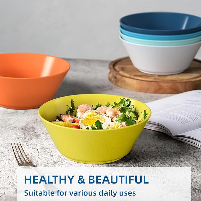 50 Oz Wheat Straw Bowls Set of 6 - Unbreakable, Stackable & Microwave Safe, Multicolor Large Cereal Bowls for Oatmeal, Soup, Ramen, Salad, Popcorn, etc. Safe for Kids & Family