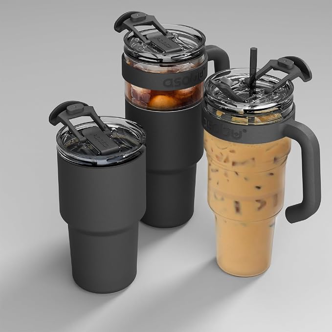 asobu Extra Large Travel Explorer Tumbler for Hot and Cold with Stainless Steel Removable Coffee Mug Sleeve - Straw and Flip Open Sip Spout, 34 oz / 25 oz (Black)