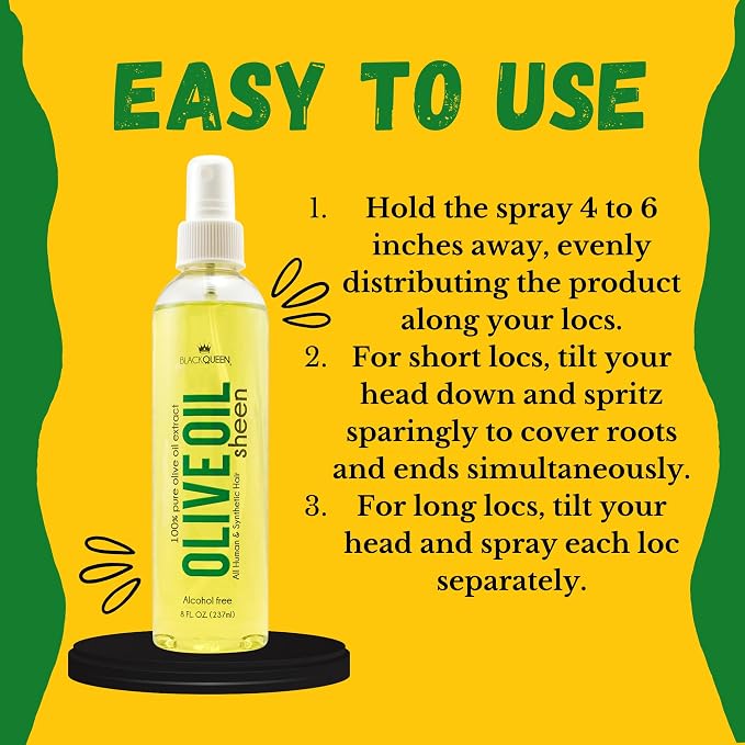 Black Queen Olive Oil Sheen Spray for Locs, Dreadlocks, Twists, Braids, Cornrows, 4C Hair - Moisturizing, Refreshing - 2 oz- Made in the USA (Pack of 1)
