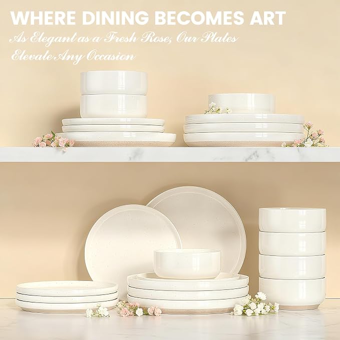 Plates and Bowls Sets, Scratch Resistant Dinnerware Sets for 8, 24 Pieces Porcelain Ceramic Dishware Dishes Set, Modern Stoneware Kitchen Dinner Set, Microwave and Dishwasher Safe, Cream White