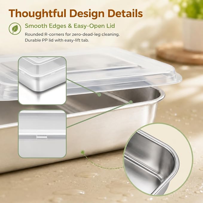 E-far Stainless Steel Baking Pan with Lid, 12⅓ x 9¾ x 2 Inch for Cake | Rectangle Cake Pan with Cover for Brownies Casseroles, Non-toxic & Healthy Bakeware, Heavy Duty & Dishwasher Safe