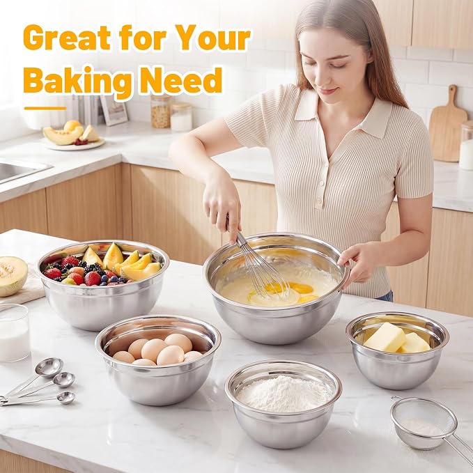Beasea Mixing Bowls with Lids Set of 5, 1.5/2/2.5/3.4/4/5 QT Stackable Nesting Stainless Steel Bowls with Lids, for Meal Prepping, Salad, Food Serving, Baking Set for Dough, Cream, Batter