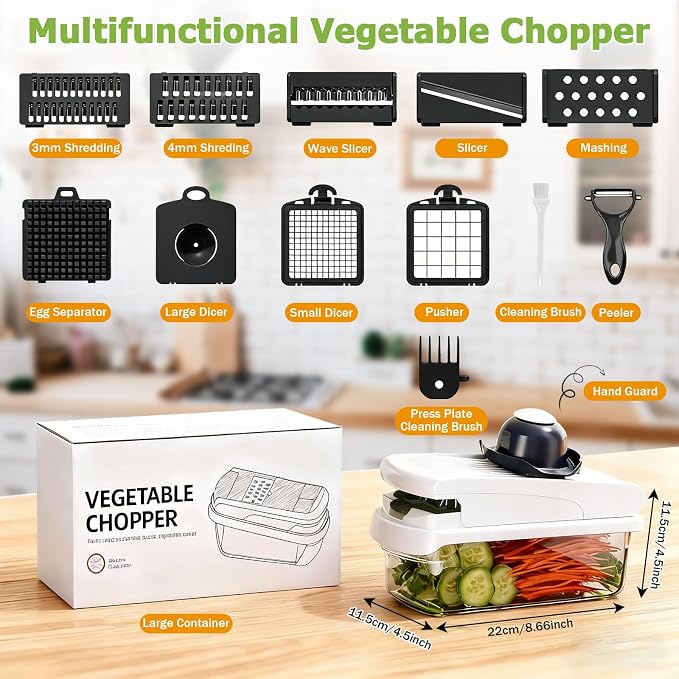 15 in 1 Vegetable Chopper with Container and Stainless Steel Blades | For onions, potatoes and vegetables. Large 1.5L container with drain basket for convenient washing and meal preparation.