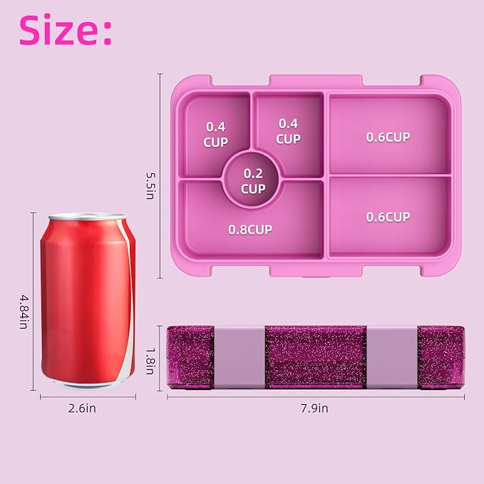 Bento Lunch Box for Kids, 5/6 Compartments, Shiny Rose | 5/6 Compartments, 3 Cups BPA Free, Dishwasher Safe, for Kids, Back to School, On-the-Go Meal, Ages 3+, School