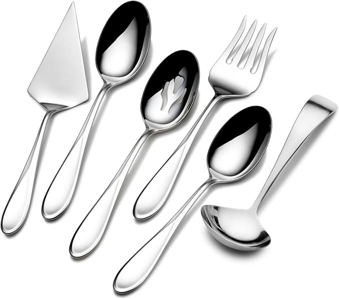 Mikasa Bravo 18/10 Stainless Steel 6-Piece Serving Set - Serving Spoons, Fork, Pie Server, Gravy Ladle - Polished Silverware Flatware Serveware