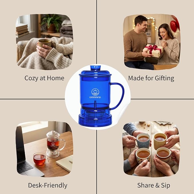 Glass Tea Infuser, Easy Drain for Loose Leaf, 15.2 oz, Ocean Blue | Fits rims under 3.15 in; set on mug to drain, lift to stop, helps limit bitterness. Dishwasher safe, tea bags, herbs, coffee