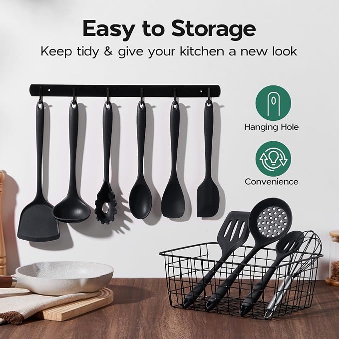 Onader Kitchen Utensils Set, 10 Pieces Black Silicone Cooking Utensils Set | Nonstick Cookware Friendly, Non Toxic & Dishwasher Safe