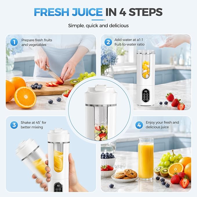 Beyn 530mL Portable Blender, Personal Smoothie Maker, USB-C Cordless, 12 Stainless Steel Blades, Leakproof Travel Cup, Digital One-Touch Self-Clean for Gym Home Office, (White)