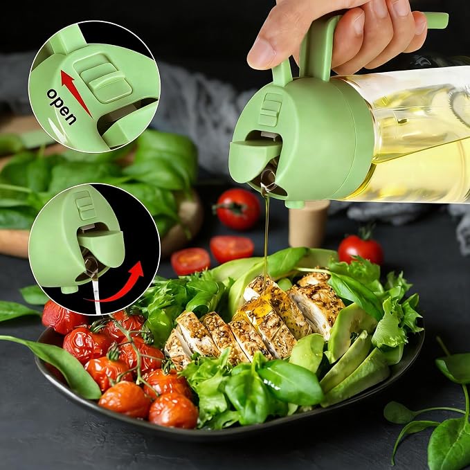 16oz/470ml Glass Olive Oil Sprayer for Air Fryer, 2 in 1 Spray & Pour Dispenser with Fine Mist & Portion Control, BPA-Free Kitchen Gadget for Cooking, Salad, BBQ, Roasting (Green)