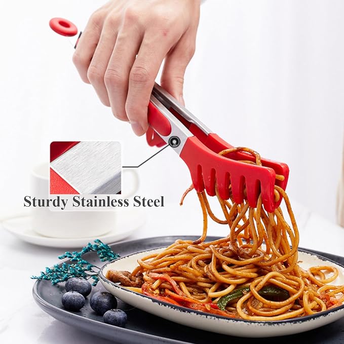 9" Kitchen Tongs for cooking with Silicone Tips, 3Pcs Serving Tongs, Red | Small Silicone Tongs mit kickstand, Food Grade, 3 different type of tongs, Stainless Steel