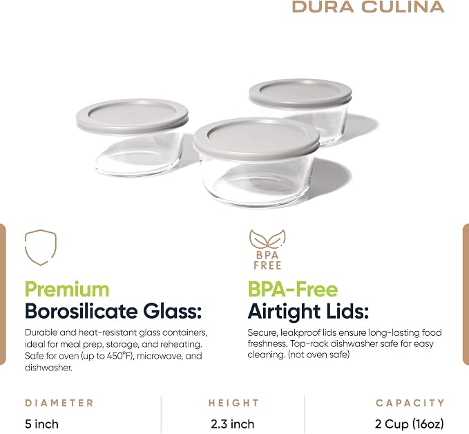6-Piece Glass Food Storage Containers Set (3 Containers + 3 BPA-Free Lids) | 2-Cup, Leakproof | Microwave, Freezer, Oven & Dishwasher Safe | Ideal for Meal Prep & Pantry Organization, Grey