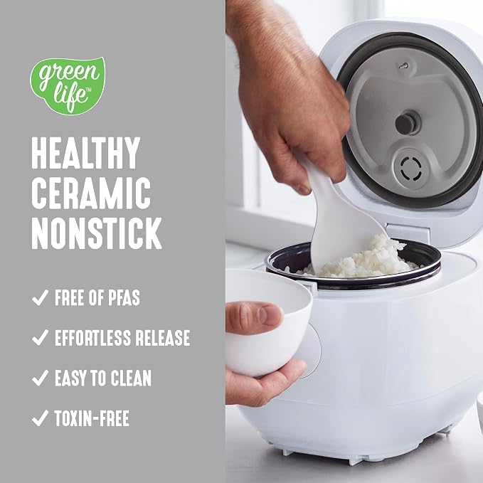 GreenLife Digital Rice Cooker, 2-Cups Uncooked/4-Cups Cooked, White | PFAS-Free Ceramic Nonstick Coated 1.5QT Pot, One-Touch Presets, Oats, Quinoa, Brown Rice, Auto Warming, Fuzzy Logic Tech